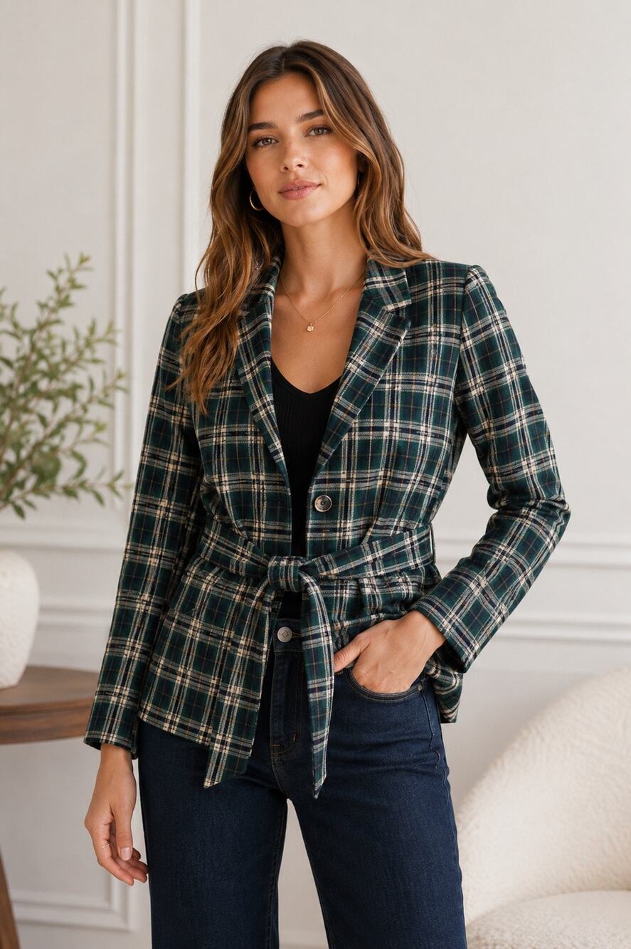 Greylin Plaid Belted Blazer Jacket Womens Small Green Preppy Academia